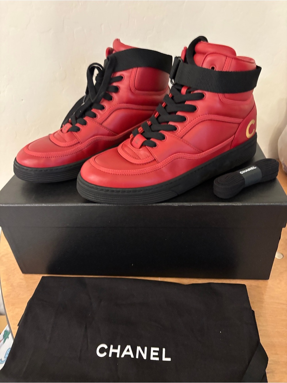 Chanel Basket Red Leather Gold High Top Sneakers Shoes G35064 New 40 9